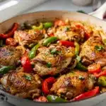 Creamy skillet chicken dinner recipe with tender meat and vibrant vegetables.
