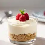 No bake cheesecake cups with creamy filling and fresh raspberry topping.