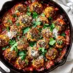 Easy turkey meatball marinara skillet with rich sauce and melted parmesan cheese.