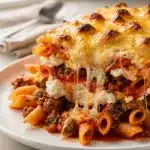 Family easy pasta bake recipe with golden brown crispy cheese crust and penne pasta.