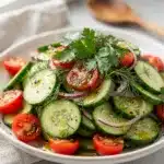 Fresh cucumber salad with crisp slices and glossy cherry tomatoes on rustic table