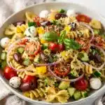 Colorful fresh pasta salad with lemon herb vinaigrette in rustic bowl.