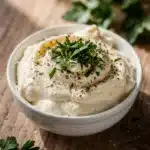 Creamy garlic parmesan mayo dip with fresh herbs and crunchy dippers.