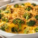 Creamy holiday cheesy broccoli casserole baked in a white ceramic dish.