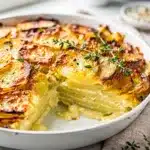 Creamy cheesy holiday scalloped potatoes baked in a white ceramic dish.
