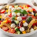 Colorful Italian pasta salad with fresh vegetables and mozzarella in a bowl.
