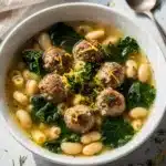 Italian wedding soup with chicken meatballs kale beans and pasta