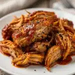 Juicy slow cooker BBQ chicken piled high on a soft white bun.