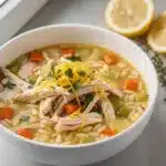 Creamy lemon chicken orzo soup with tender chicken and fresh herbs.