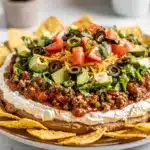 Layered taco dip with creamy base and vibrant toppings for game day.