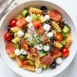 Make ahead Italian pasta salad with fresh vegetables and mozzarella pearls