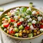 Fresh Mediterranean chickpea salad with creamy feta and vibrant vegetables