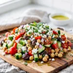 Creamy feta and glossy chickpeas in a vibrant Mediterranean chickpea salad recipe.