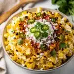 Creamy Mexican street corn dip with cotija cheese and tortilla chips.