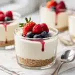 No bake cheesecake cup with raspberries and chocolate drizzle on marble.