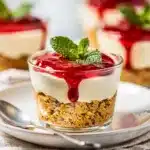 Make ahead no bake cheesecake cups with raspberry coulis in glass jars.