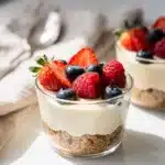 Creamy vanilla no bake cheesecake cups with strawberry compote and graham crust.