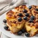 Overnight French toast bake with blueberries, streusel topping, and maple syrup.