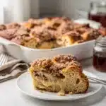 Make ahead overnight French toast bake with cinnamon streusel and maple syrup.