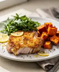 Crispy parmesan crusted pork chops with fresh herbs and arugula salad