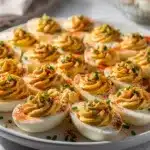 Creamy deviled eggs with paprika and chives on a rustic wooden party platter.