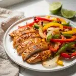 Make ahead sheet pan chicken fajitas with peppers onions and warm tortillas