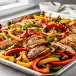 Crowd favorite sheet pan chicken fajitas with peppers onions and fresh toppings