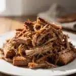 Slow cooker pulled pork with rich sauce on a toasted brioche bun.