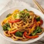 Special Udon Stir Fry recipe with savory sauce and crisp tender vegetables.