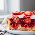Colorful strawberry jello poke cake with creamy frosting and fresh strawberry garnish.