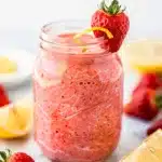 Make ahead strawberry lemonade smoothie in a jar on bright kitchen counter