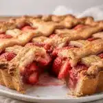 Golden flaky lattice strawberry pie with ruby red filling and whipped cream.