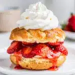 Rustic strawberry shortcake with juicy berries and whipped vanilla cream.