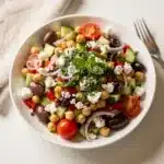Summer Mediterranean chickpea salad with fresh vegetables, feta, and lemon dressing.