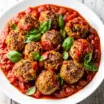 Quick turkey meatball marinara skillet with basil and Parmesan cheese.