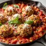 Juicy turkey meatballs in rich marinara sauce make cozy family dinner.