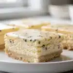 Creamy vanilla bean cheesecake bars with a golden graham cracker crust slice.