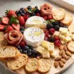 Colorful berry summer charcuterie board with fresh fruit cheese and cured meats