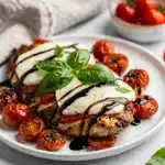 Caprese Chicken Bake with melted mozzarella and roasted tomatoes.