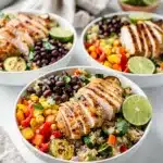 Easy chicken meal prep bowls with quinoa, vegetables, and fresh cilantro garnish.