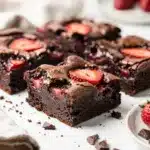 Fudgy chocolate strawberry brownies with glossy cracked top
