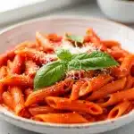 Creamy tomato pasta with penne in a glossy sauce and fresh basil.