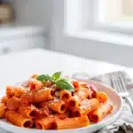 Creamy tomato pasta with penne in glossy sauce and fresh basil sprig.