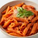 Creamy tomato pasta with penne in a glossy sauce close up food photo