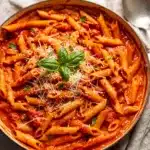 Creamy tomato pasta with sausage in a cozy one pot recipe.