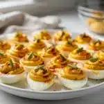 Creamy deviled eggs with spicy kick on rustic wooden board for Pinterest.