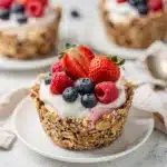 Healthy frozen yogurt granola cups with Greek yogurt and fresh mixed berries.