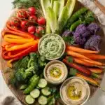 Colorful garden vegetable crudite board with two creamy homemade dips for healthy snacking.