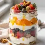 Greek yogurt parfait with granola and fresh berries in a glass jar.