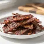 Homemade beef jerky strips with savory marinade on a rustic cutting board